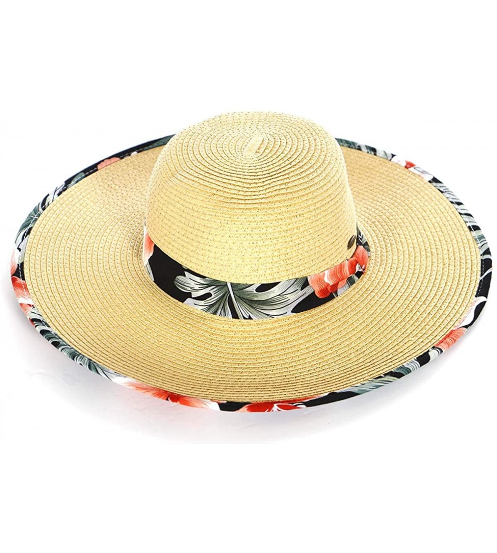 Sun Hats Summer Sun Hats for Women- Beach Hat- Straw Wide Brim Hat Floppy- Hiking Hat - Floral-black - CL18QGYMAKA $13.65