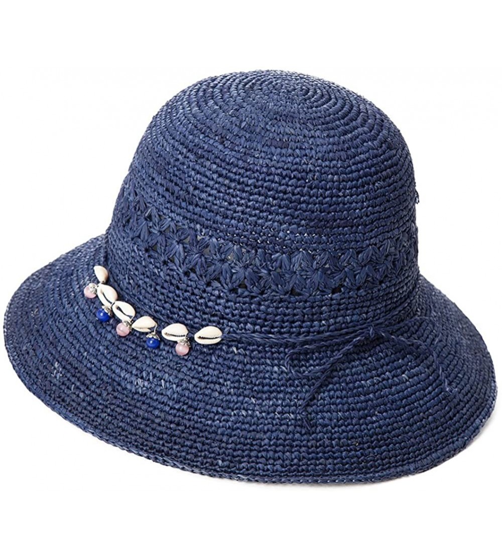 Sun Hats Womens 100% Raffia Straw Crochet Hat Foldable UPF Seashell/Bow Decoration - 89306_navy - CS17XXR55GI $16.97