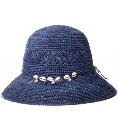 Sun Hats Womens 100% Raffia Straw Crochet Hat Foldable UPF Seashell/Bow Decoration - 89306_navy - CS17XXR55GI $16.97