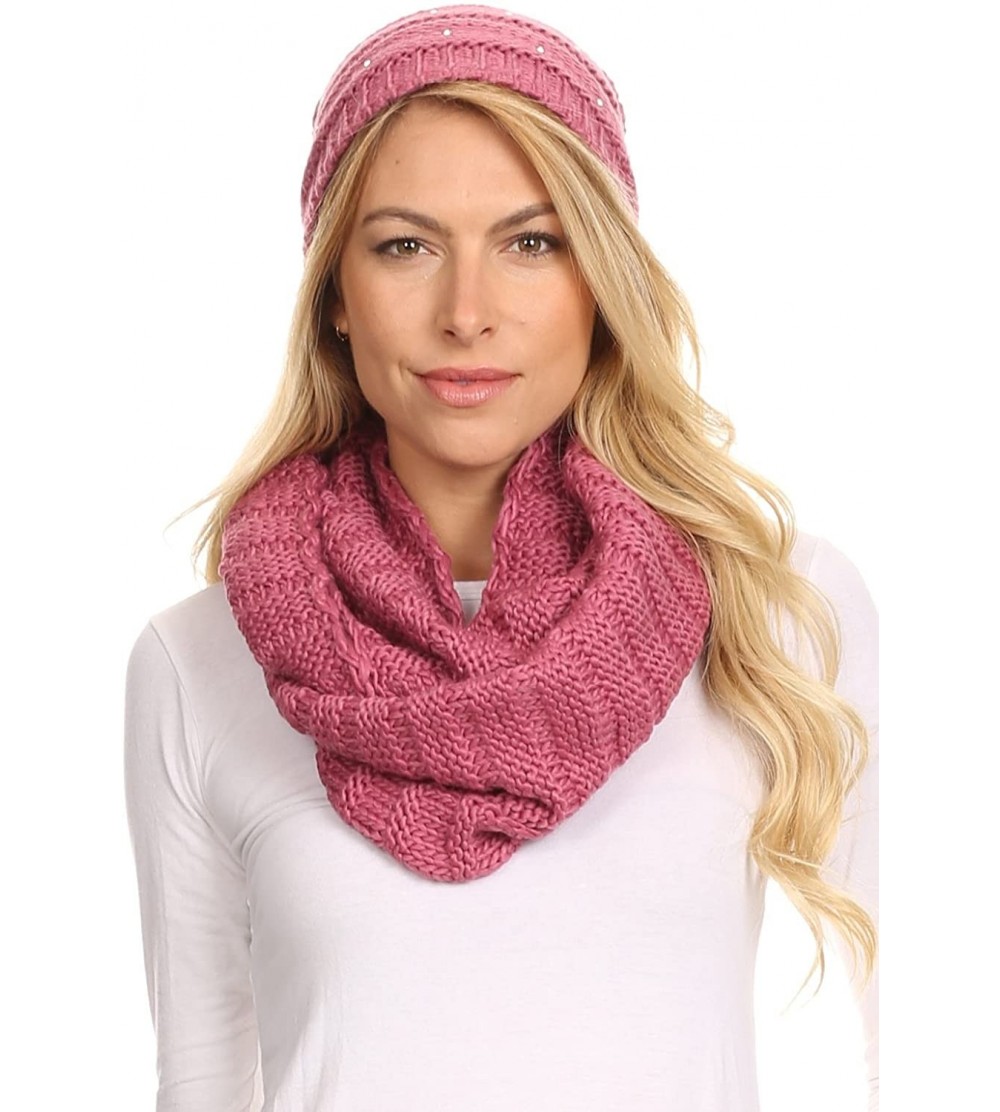 Skullies & Beanies Sayla Rhinestone Jewel Soft Warm Woven Cable Knit Beanie Hat And Scarf Set - Rose - C512L6XB9HT $19.28