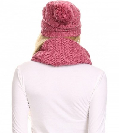 Skullies & Beanies Sayla Rhinestone Jewel Soft Warm Woven Cable Knit Beanie Hat And Scarf Set - Rose - C512L6XB9HT $19.28