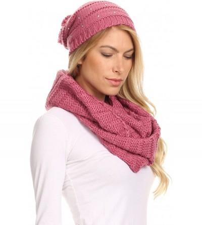 Skullies & Beanies Sayla Rhinestone Jewel Soft Warm Woven Cable Knit Beanie Hat And Scarf Set - Rose - C512L6XB9HT $19.28