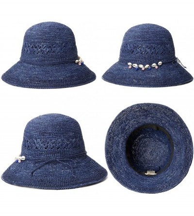 Sun Hats Womens 100% Raffia Straw Crochet Hat Foldable UPF Seashell/Bow Decoration - 89306_navy - CS17XXR55GI $16.97