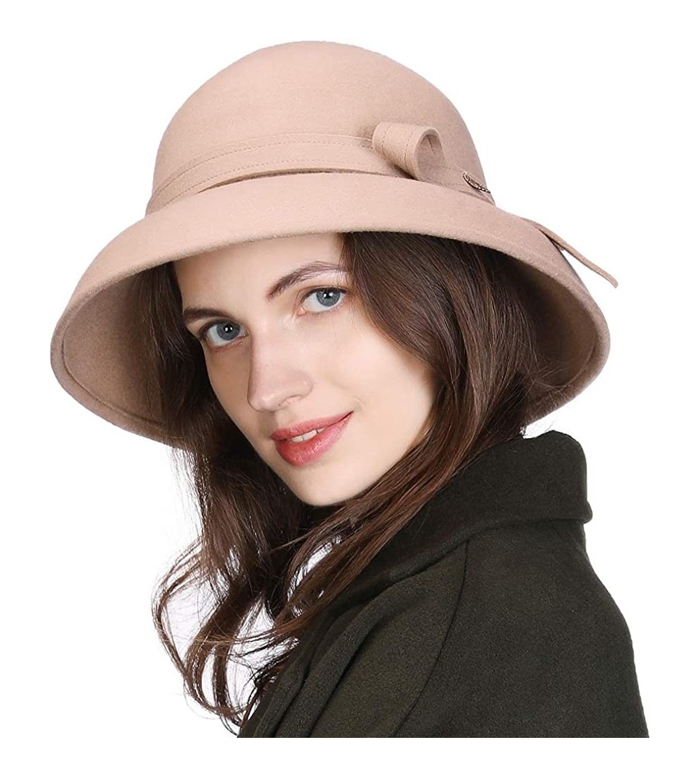 Fedoras 2019 New Wool Felt Cloche Fedora Hat Ladies Church Derby Party Fashion Winter - 00366_beige - CN18KC02WSY $22.77