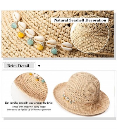 Sun Hats Womens 100% Raffia Straw Crochet Hat Foldable UPF Seashell/Bow Decoration - 89306_navy - CS17XXR55GI $16.97
