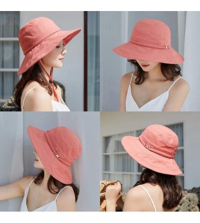 Sun Hats Womens UPF50+ Linen/Cotton Summer Sunhat Bucket Packable Hats w/Chin Cord - 00016_red(with Face Shield) - CR17YDW5H9...