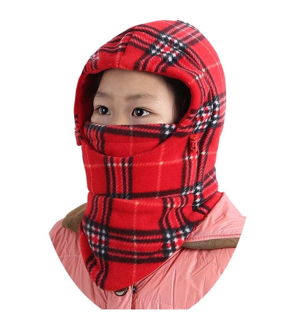 Skullies & Beanies Children's Winter Windproof Cap Thick Warm Face Cover Adjustable Ski Hat - Grid Red - C0186QGN2TK $10.32