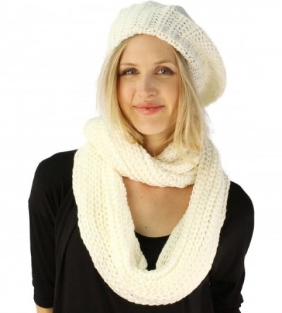 Berets Ladies 2pc Winter Knit Beret Tam Beaniel Hat Long Infinity Scarf Solid Set - Ivory - CP11P5F0ORV $14.40