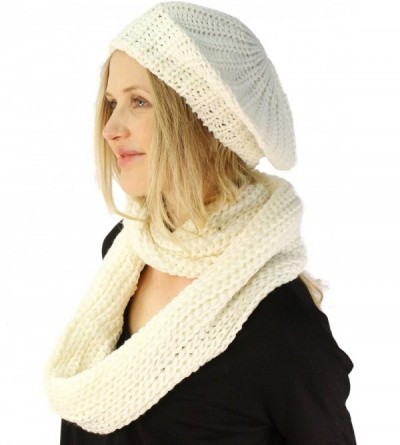 Berets Ladies 2pc Winter Knit Beret Tam Beaniel Hat Long Infinity Scarf Solid Set - Ivory - CP11P5F0ORV $14.40