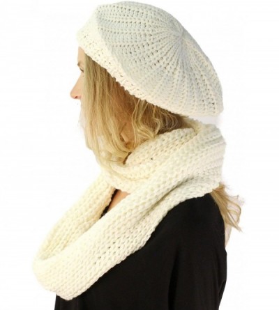 Berets Ladies 2pc Winter Knit Beret Tam Beaniel Hat Long Infinity Scarf Solid Set - Ivory - CP11P5F0ORV $14.40