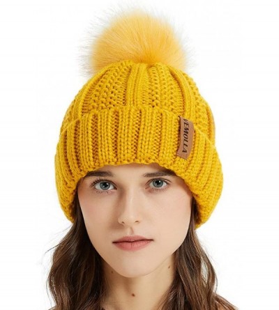 Skullies & Beanies Women Thick Cable Knit Faux Fuzzy Fur Pom Winter Skull Cap Cuff Beanie - Ginger - CP18A4A8OMM $7.01