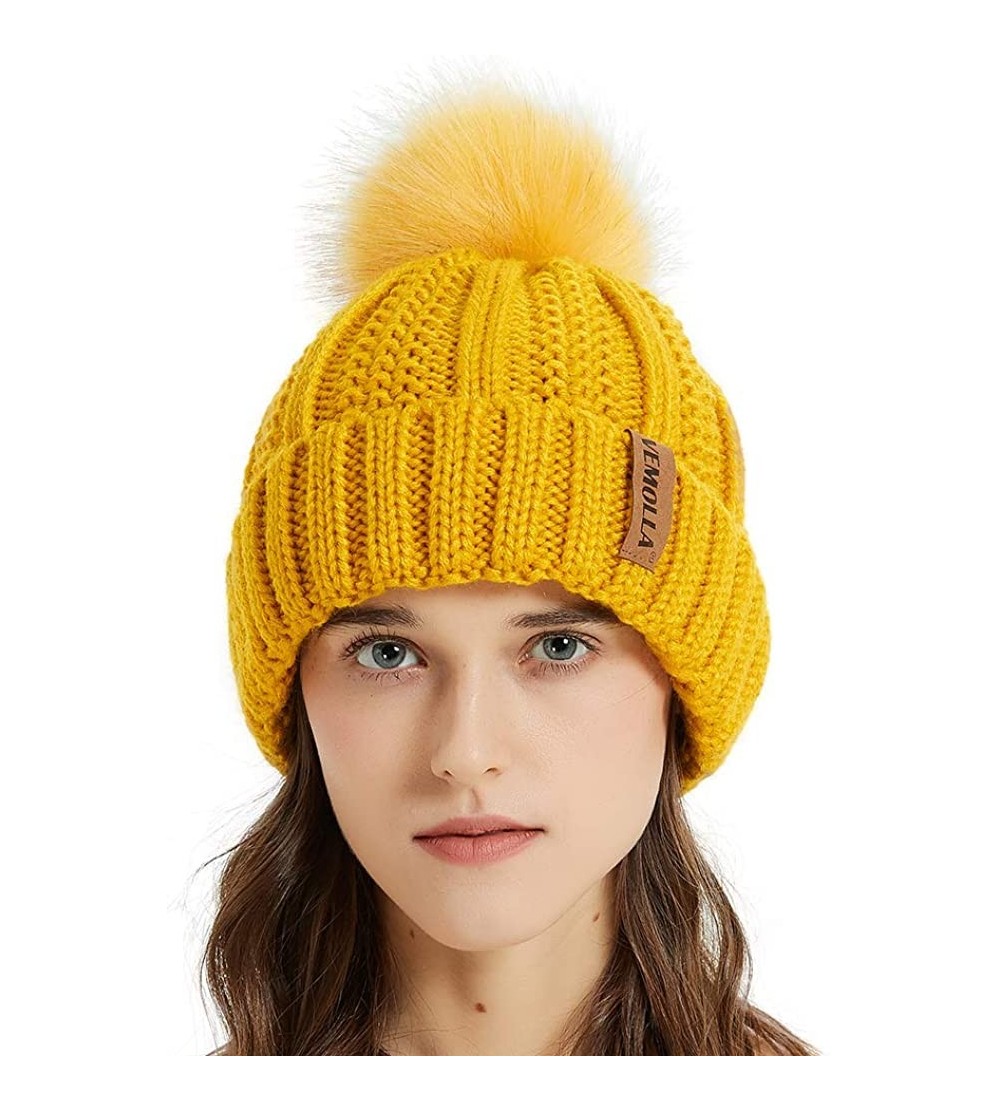 Skullies & Beanies Women Thick Cable Knit Faux Fuzzy Fur Pom Winter Skull Cap Cuff Beanie - Ginger - CP18A4A8OMM $7.01
