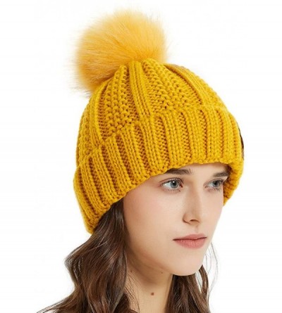 Skullies & Beanies Women Thick Cable Knit Faux Fuzzy Fur Pom Winter Skull Cap Cuff Beanie - Ginger - CP18A4A8OMM $7.01