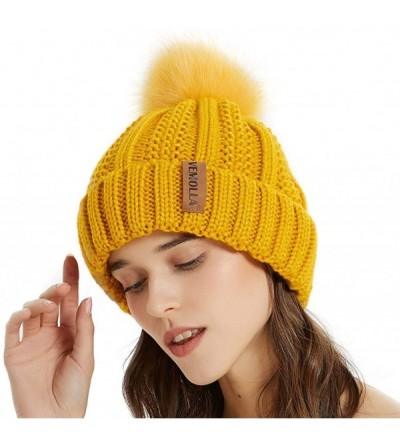 Skullies & Beanies Women Thick Cable Knit Faux Fuzzy Fur Pom Winter Skull Cap Cuff Beanie - Ginger - CP18A4A8OMM $7.01