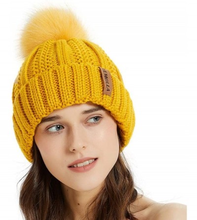 Skullies & Beanies Women Thick Cable Knit Faux Fuzzy Fur Pom Winter Skull Cap Cuff Beanie - Ginger - CP18A4A8OMM $7.01