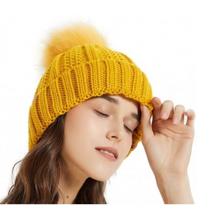 Skullies & Beanies Women Thick Cable Knit Faux Fuzzy Fur Pom Winter Skull Cap Cuff Beanie - Ginger - CP18A4A8OMM $7.01