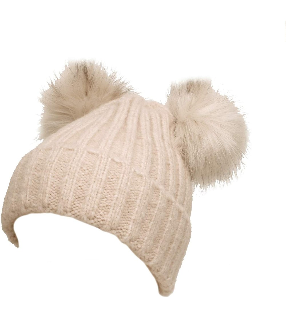 Skullies & Beanies Cozy Winter Knitted Beanie with Faux Fur Double Pom Pom - Beige - CG18K5A0HO5 $15.26