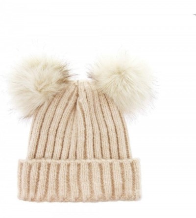 Skullies & Beanies Cozy Winter Knitted Beanie with Faux Fur Double Pom Pom - Beige - CG18K5A0HO5 $15.26