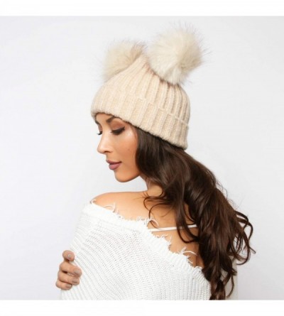 Skullies & Beanies Cozy Winter Knitted Beanie with Faux Fur Double Pom Pom - Beige - CG18K5A0HO5 $15.26