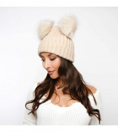 Skullies & Beanies Cozy Winter Knitted Beanie with Faux Fur Double Pom Pom - Beige - CG18K5A0HO5 $15.26