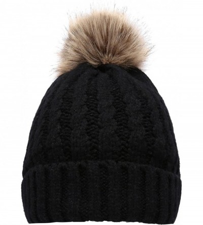 Skullies & Beanies Women's Winter Ribbed Knit Faux Fur Pompoms Chunky Lined Beanie Hats - Rope Black - CR184RQ5TWZ $20.20