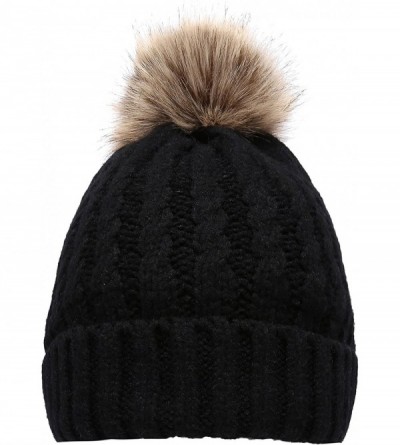 Skullies & Beanies Women's Winter Ribbed Knit Faux Fur Pompoms Chunky Lined Beanie Hats - Rope Black - CR184RQ5TWZ $8.23