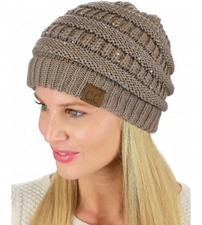 Skullies & Beanies Women's Sparkly Sequins Warm Soft Stretch Cable Knit Beanie Hat - Taupe - CP18IQH6MRX $14.84