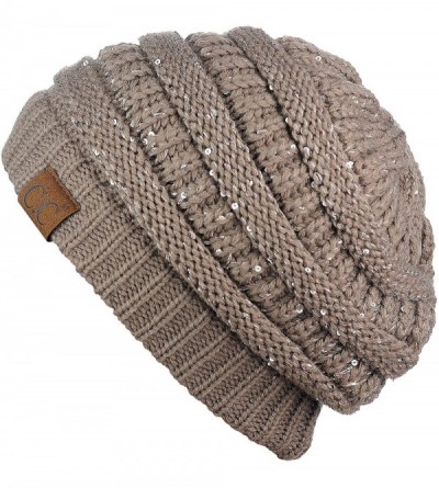 Skullies & Beanies Women's Sparkly Sequins Warm Soft Stretch Cable Knit Beanie Hat - Taupe - CP18IQH6MRX $14.84