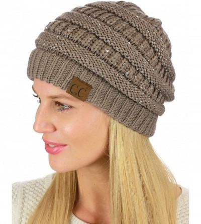 Skullies & Beanies Women's Sparkly Sequins Warm Soft Stretch Cable Knit Beanie Hat - Taupe - CP18IQH6MRX $14.84