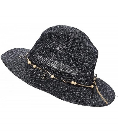 Sun Hats Lightweight Beach Panama Wooden Beads & Anchors Short Brim Summer Sun Hat - Black - CI18CU6EDQU $16.40