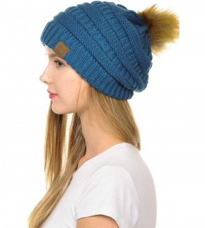 Skullies & Beanies Hat-43 Thick Warm Cap Hat Skully Faux Fur Pom Pom Cable Knit Beanie - Dark Denim - C018XCY7LD6 $13.65