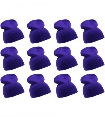 Skullies & Beanies Solid Color Short Winter Beanie Hat Knit Cap 12 Pack - Purple - C618H6QGUZE $45.33