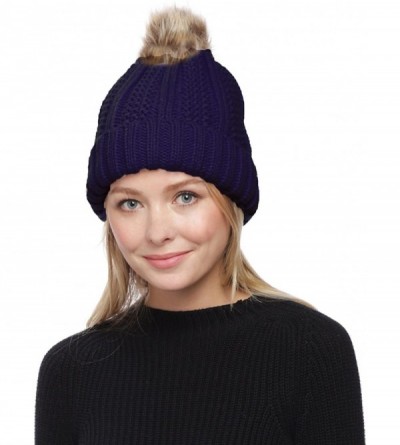 Skullies & Beanies Women's Winter Thick Knitted Plush Lining Pom Pom Beanie Hat. - Navy - CO186X6HTR9 $7.69