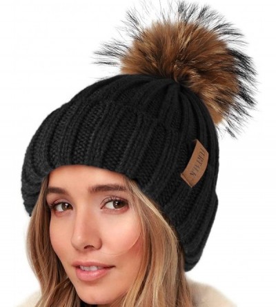 Skullies & Beanies Knit Beanie Hats for Women Double Layer Fleece Lined with Real Fur Pom Pom Winter Hat - CQ18GYHYMQT $12.60