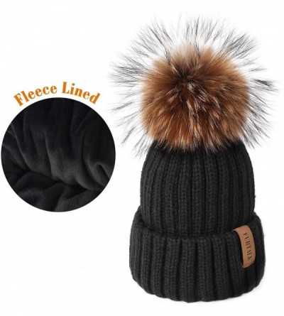 Skullies & Beanies Knit Beanie Hats for Women Double Layer Fleece Lined with Real Fur Pom Pom Winter Hat - CQ18GYHYMQT $12.60