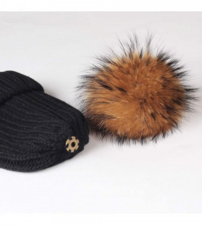 Skullies & Beanies Knit Beanie Hats for Women Double Layer Fleece Lined with Real Fur Pom Pom Winter Hat - CQ18GYHYMQT $12.60