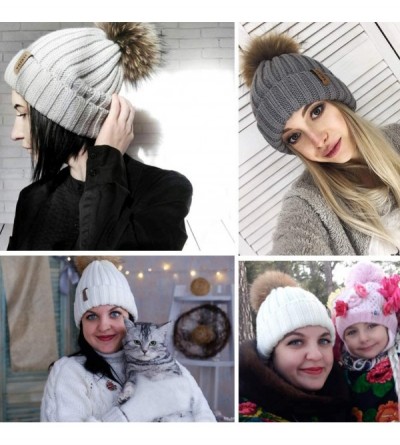 Skullies & Beanies Knit Beanie Hats for Women Double Layer Fleece Lined with Real Fur Pom Pom Winter Hat - CQ18GYHYMQT $12.60
