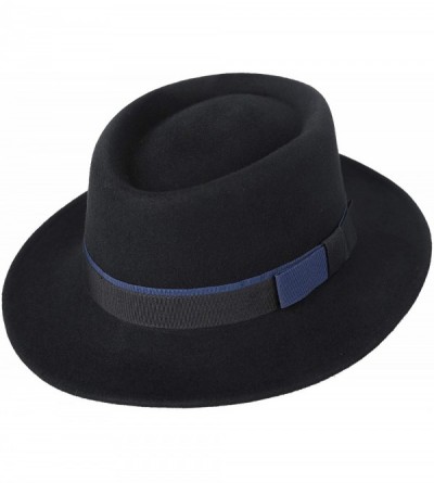 Fedoras Men's Wool Felt Pork Pie Fedora Hat Crushable Boater Derby Ribbon Cap - 132-black - CY18L9Q5K2T $15.93