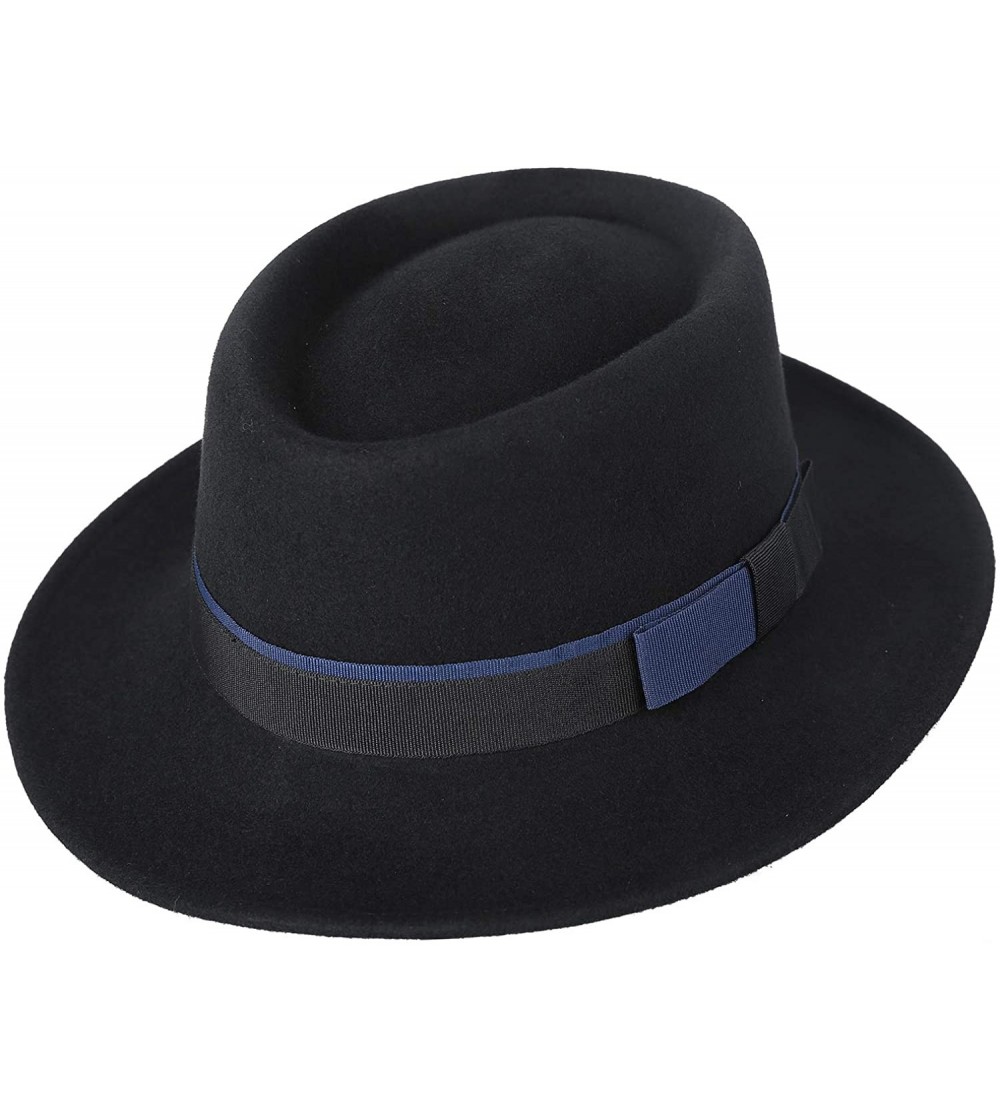 Fedoras Men's Wool Felt Pork Pie Fedora Hat Crushable Boater Derby Ribbon Cap - 132-black - CY18L9Q5K2T $15.93