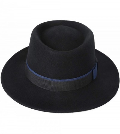 Fedoras Men's Wool Felt Pork Pie Fedora Hat Crushable Boater Derby Ribbon Cap - 132-black - CY18L9Q5K2T $15.93