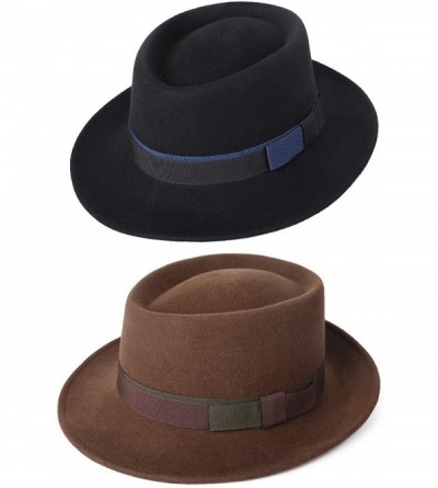 Fedoras Men's Wool Felt Pork Pie Fedora Hat Crushable Boater Derby Ribbon Cap - 132-black - CY18L9Q5K2T $15.93