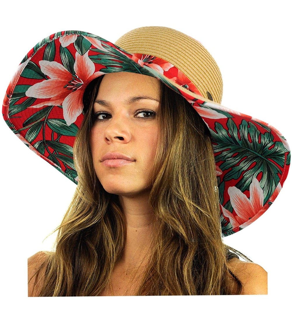 Sun Hats Women's Paper Weaved Crushable Beach UPF 50+ Floppy Brim Sun Hat with Print - Lily Red - C518QK2I23S $19.36