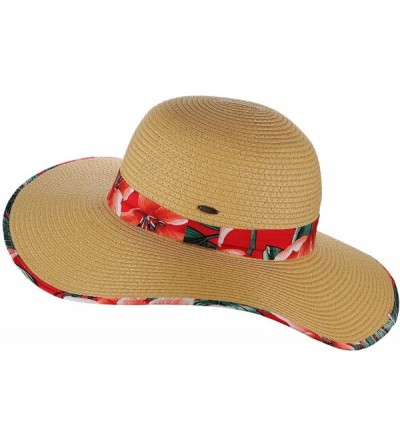 Sun Hats Women's Paper Weaved Crushable Beach UPF 50+ Floppy Brim Sun Hat with Print - Lily Red - C518QK2I23S $19.36