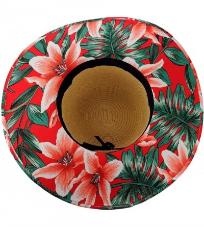 Sun Hats Women's Paper Weaved Crushable Beach UPF 50+ Floppy Brim Sun Hat with Print - Lily Red - C518QK2I23S $19.36