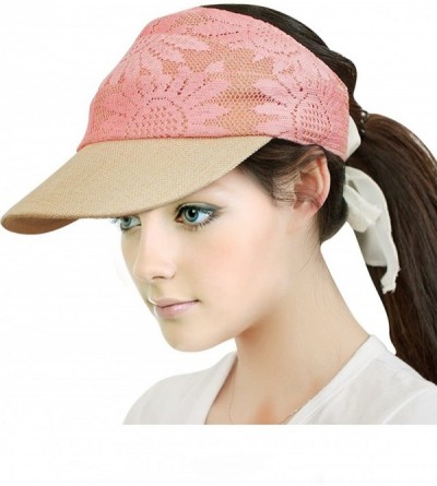 Sun Hats Women's Summer Sun Hat - Fancy Lace Covered Visor with Ribbon Tie - Pink - CQ11KU47UBP $19.12