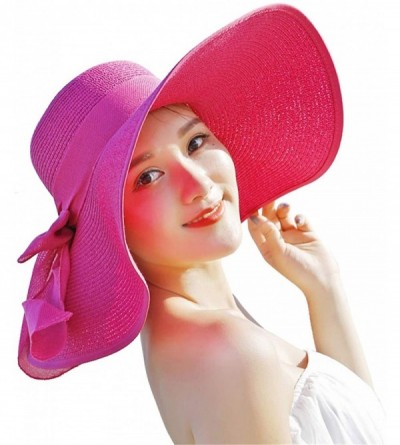 Sun Hats Beach Sun Hat for Women Bow-knot UV UPF 50+Travel Foldable Wide Brim Straw Hat - Rose Red - C81990K4RKG $15.58