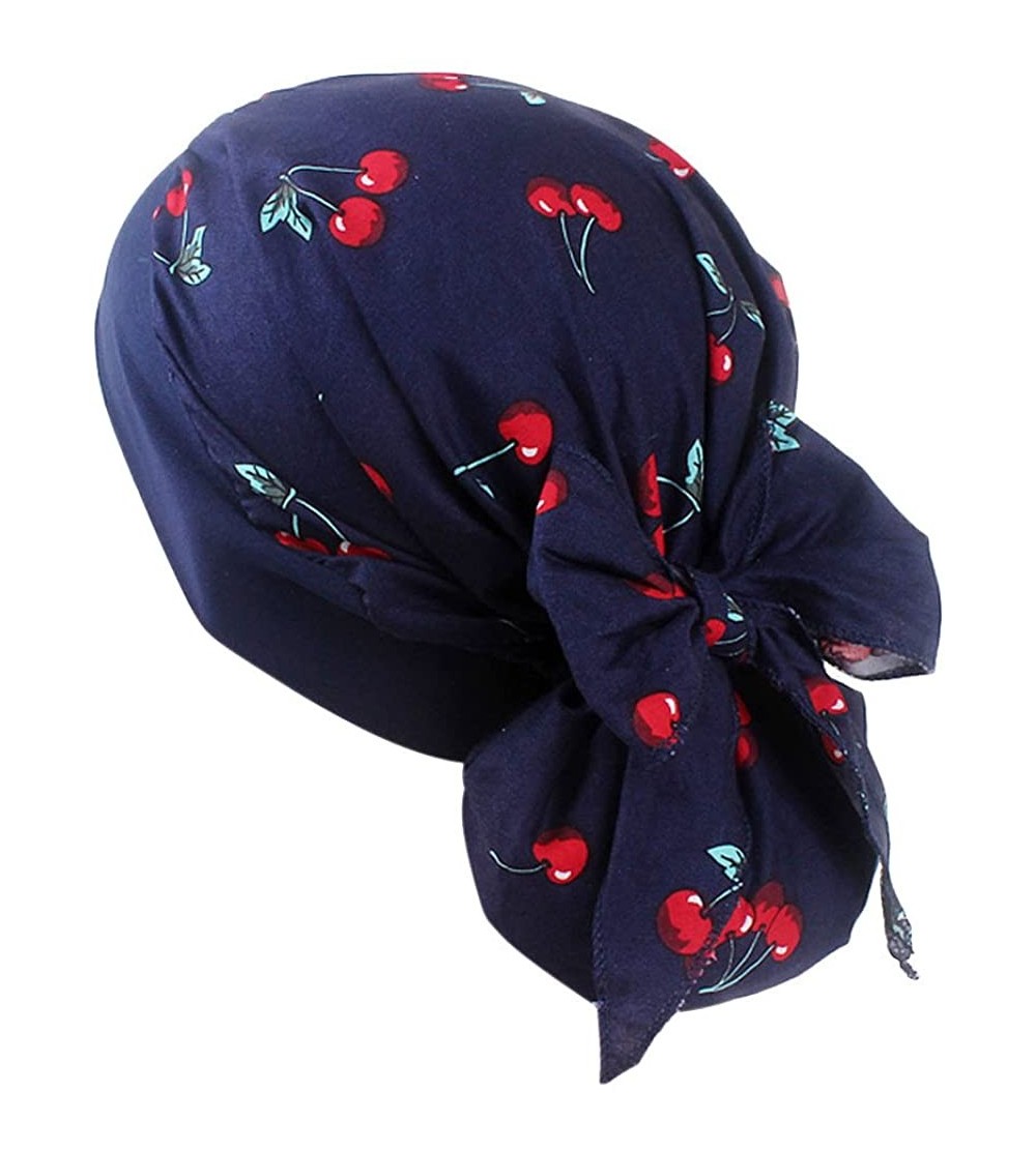 Skullies & Beanies Women's Muslim Floral Print Scarf Hat Stretch Turban Headwear for Cancer Chemo - Navy - CS18G7WAXZU $8.26