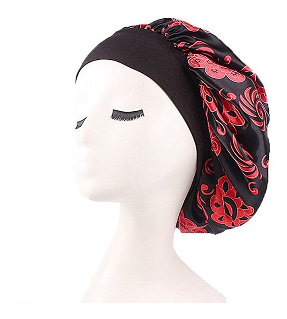 Skullies & Beanies Womens Sleep Night Cap Wide Band Floral Print Bonnet for Hair Beauty Polyester Chemo Hat Sleep Bonnet - Bl...