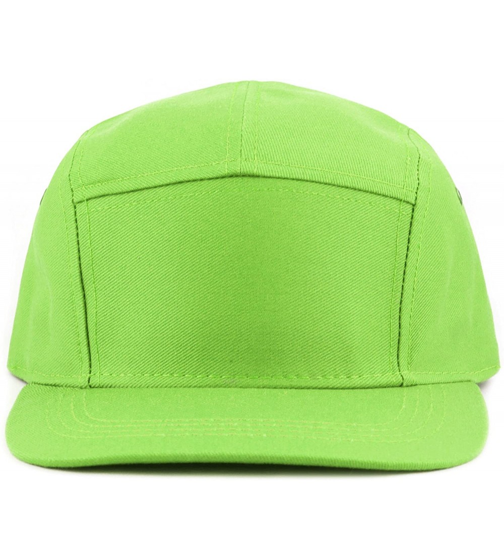 Baseball Caps Made in USA Cotton Twill 5 Panel Flat Brim Genuine Leather Brass Biker Board Cap - Lime Green - CO1895S0SMG $8.15