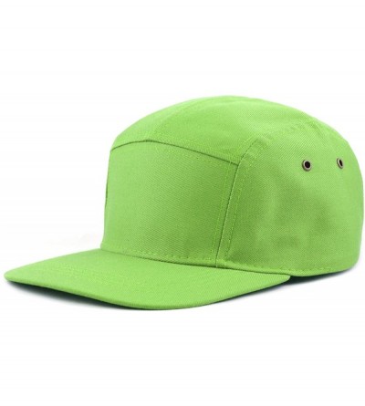 Baseball Caps Made in USA Cotton Twill 5 Panel Flat Brim Genuine Leather Brass Biker Board Cap - Lime Green - CO1895S0SMG $20.38